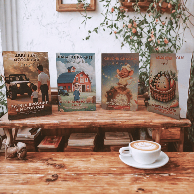 Urdu–English picture books spread out on a rug