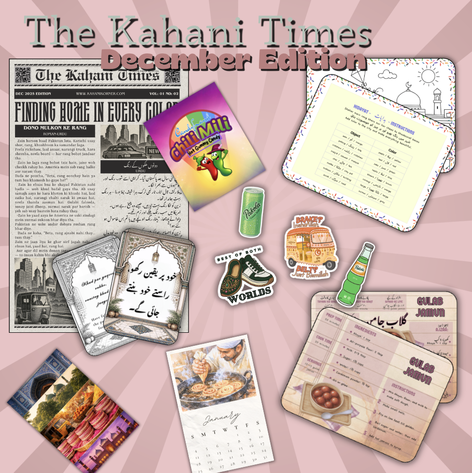 Language activity kit with flashcards and stickers on a table